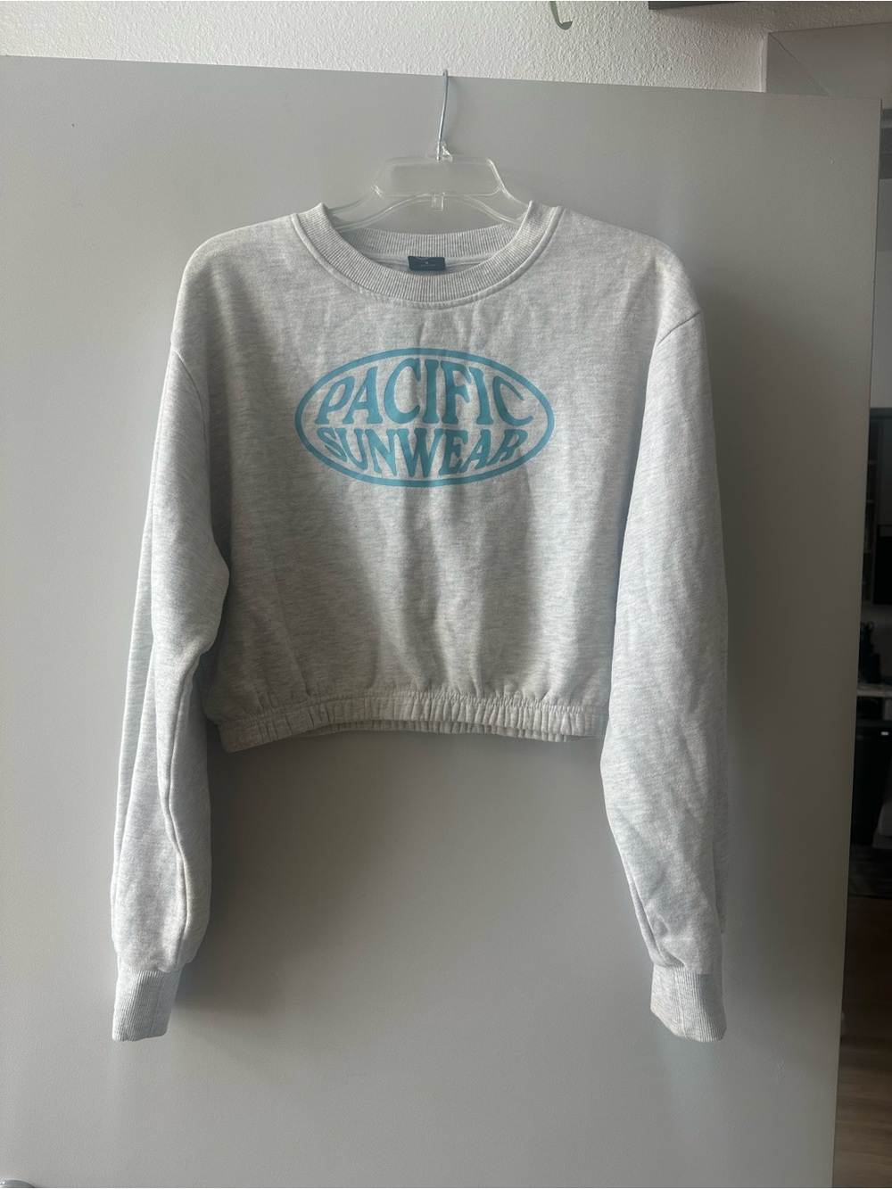 PacSun Light Gray Cropped Crewneck with Teal Logo